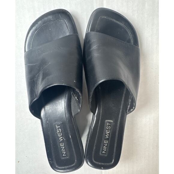 Y2K Black Nine West Leather Platform Slides Sandal Womens 7 Open Toe 1.5" Heel - Picture 2 of 7